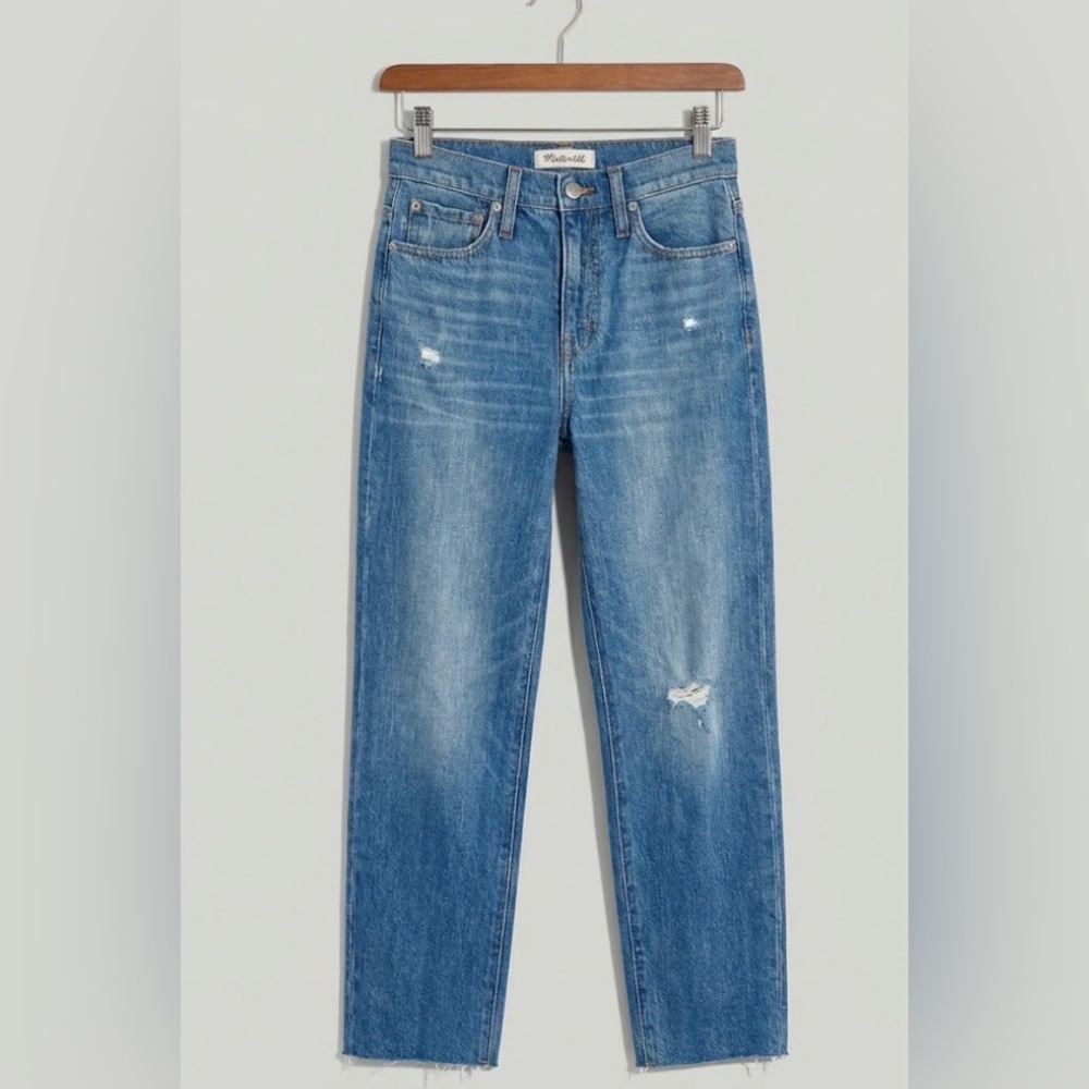 MADEWELL Classic Straight High Rise Distressed Crop Raw Hem Jeans 25